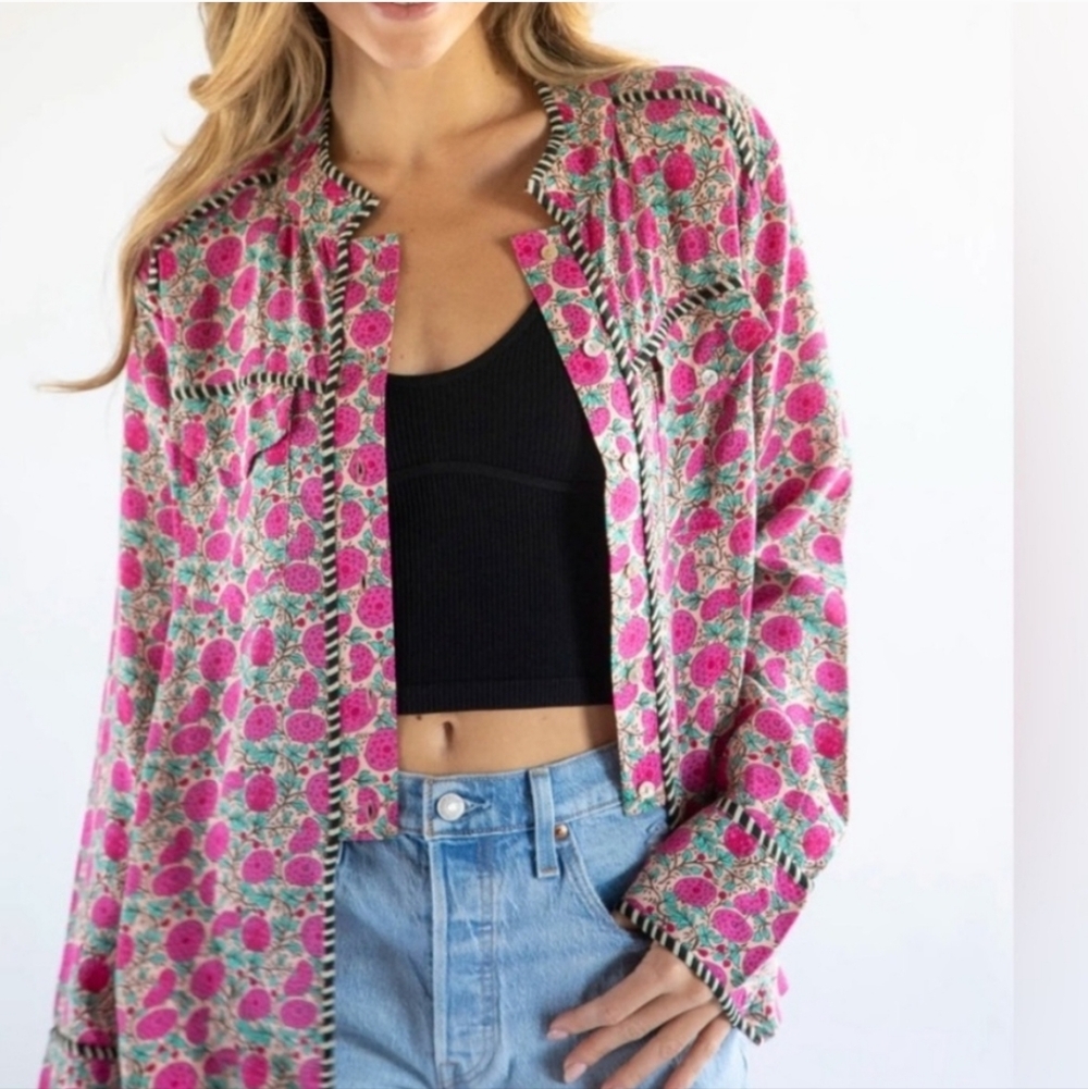 Natural Life Button Up Puff Print Boho Long Sleev… - image 1
